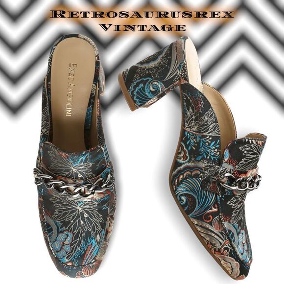 𝅺enzo Angiolini Gilian Mule Slip On Boho Teal Paisley Heeled Clog, 6.5 - Picture 1 of 9